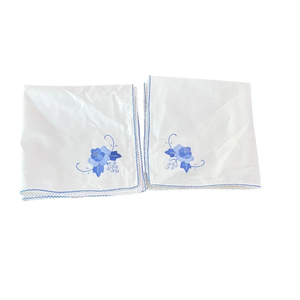 Vintage White Linen‎ Napkins Blue Floral Handmade Square Set of 2 15.5x15.5